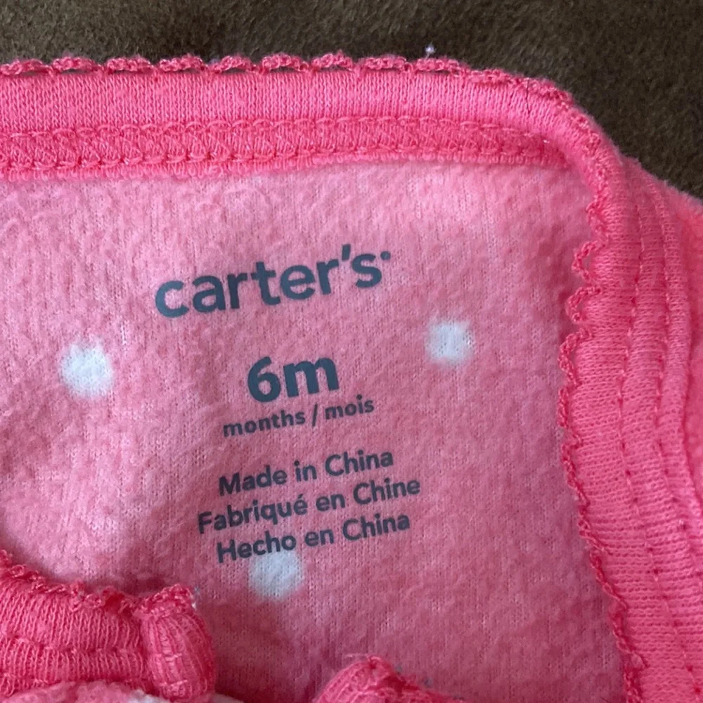 Carters pink polka dot fleece footie pajamas sleeping face; 6M